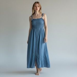 Juniors' SO® Smocked Button Midi/Maxi Linen Dress Blue SZ EXTRA LARGE XL Pockets